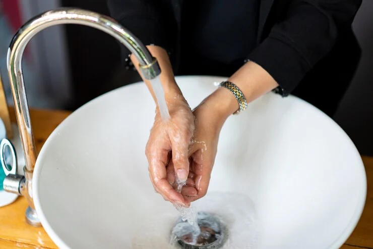 Kvinne vasker hånden i vasken